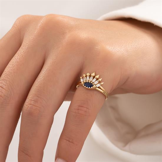 Göz Model Mavi Taşlı 14 Ayar Altın Yüzük