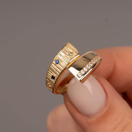 Renkli Taşlı Asimetrik 14 Ayar Altın Yüzük