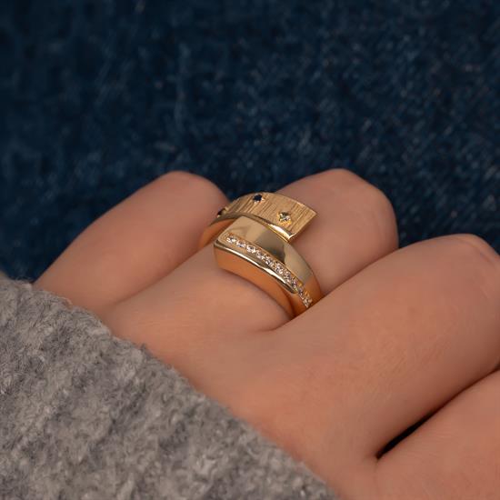 Renkli Taşlı Asimetrik 14 Ayar Altın Yüzük