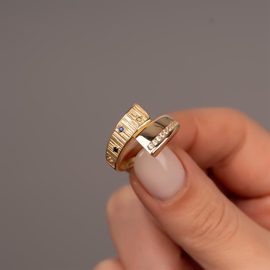 Renkli Taşlı Asimetrik 14 Ayar Altın Yüzük