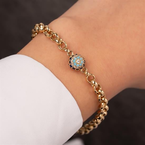 Renkli Taşlı Nazar Boncuğu 14 Ayar Altın Bileklik