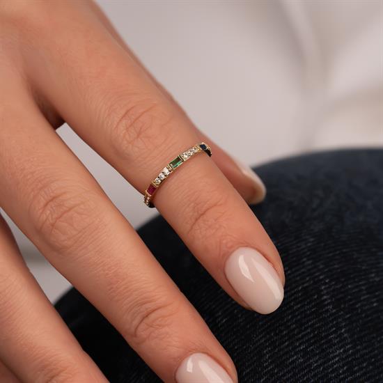 Renkli Taşlı Trend 14 Ayar Altın Yüzük