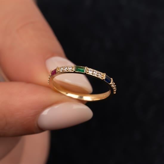 Renkli Taşlı Trend 14 Ayar Altın Yüzük