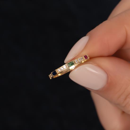 Renkli Taşlı Trend 14 Ayar Altın Yüzük