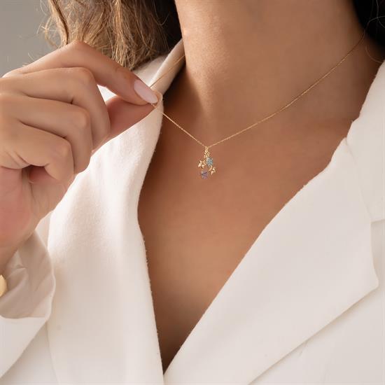 Renkli Taşlı Yıldız 14 Ayar Altın Kolye