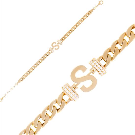 Kenarları Taşlı S Harfli 14 Ayar Altın Bileklik