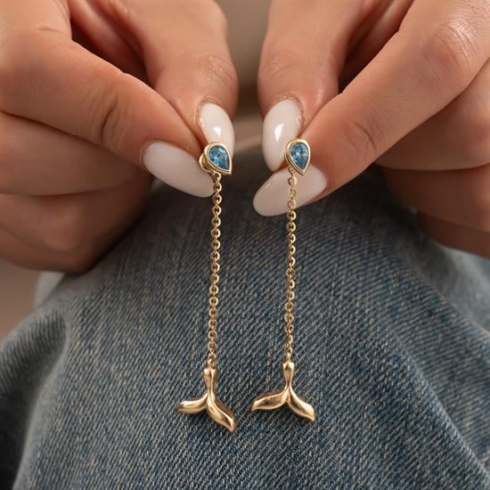 Sallantılı Balık Kuyruğu Tasarım Küpe 14 Ayar Altın