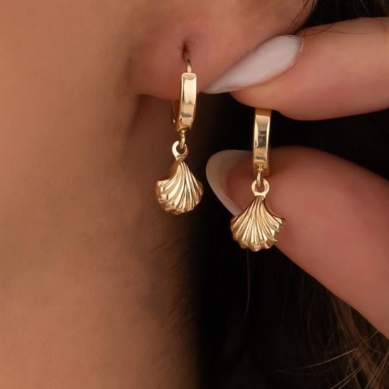 Sallantılı İstiridye Tasarım Küpe 14 Ayar Altın