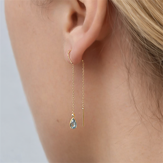 Sallantılı Mavi Taşlı Küpe 14 Ayar Altın