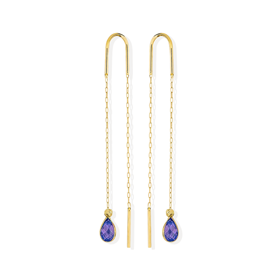 Sallantılı Mor Taşlı Küpe 14 Ayar Altın