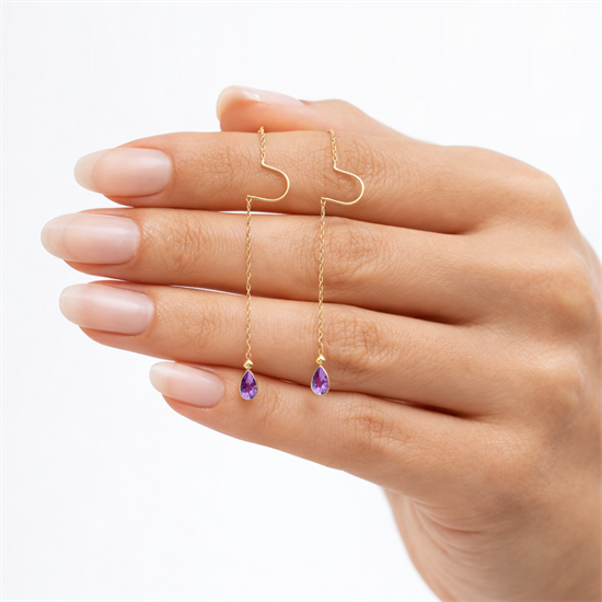 Sallantılı Mor Taşlı Küpe 14 Ayar Altın