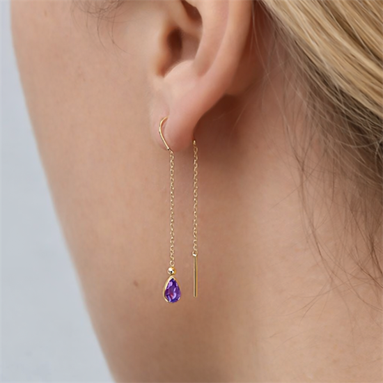 Sallantılı Mor Taşlı Küpe 14 Ayar Altın
