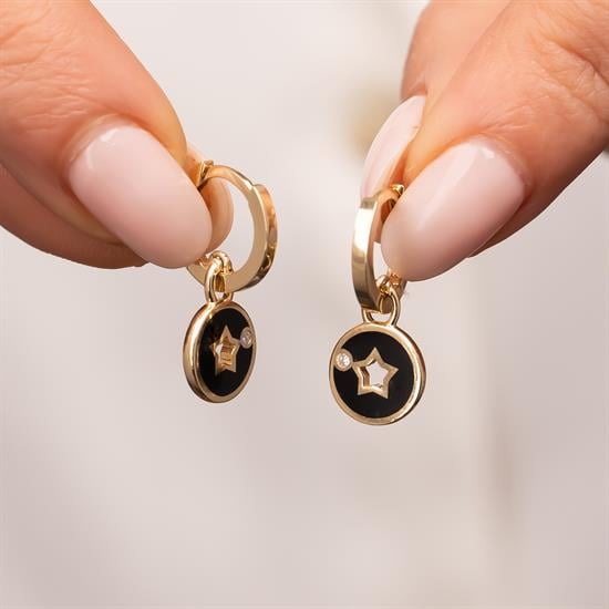 Sallantılı Siyah Mineli Yıldız Küpe 14 Ayar Altın