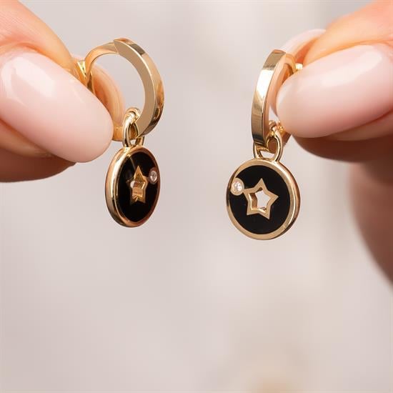 Sallantılı Siyah Mineli Yıldız Küpe 14 Ayar Altın