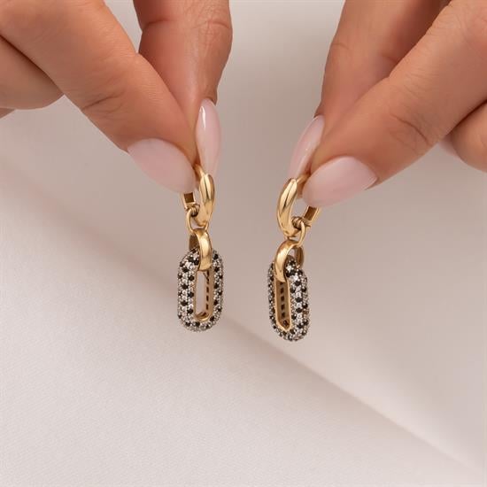 Sallantılı Siyah Taşlı 14 Ayar Altın Küpe