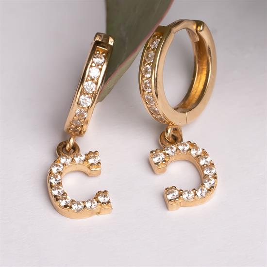 Sallantılı Taşlı C Harfi 14 Ayar Altın Küpe