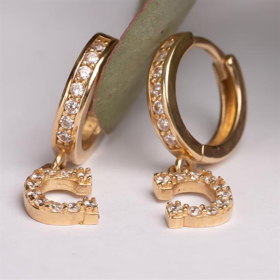 Sallantılı Taşlı C Harfi 14 Ayar Altın Küpe