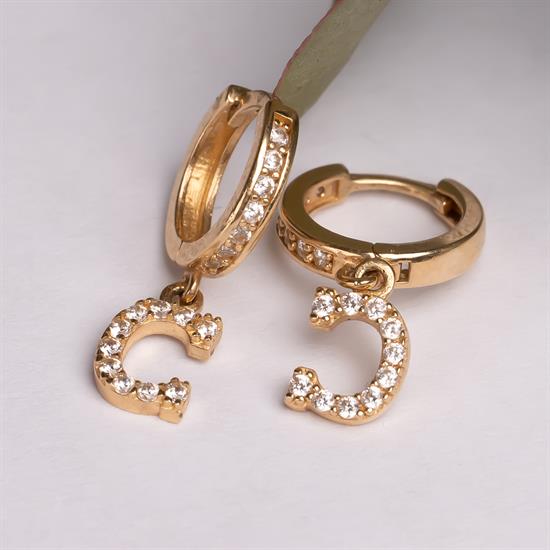 Sallantılı Taşlı C Harfi 14 Ayar Altın Küpe