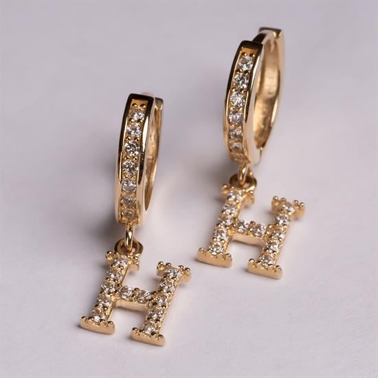 Sallantılı Taşlı H Harfi 14 Ayar Altın Küpe