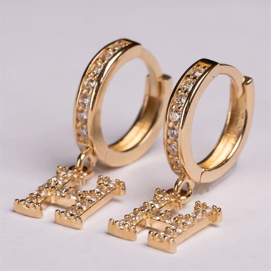 Sallantılı Taşlı H Harfi 14 Ayar Altın Küpe