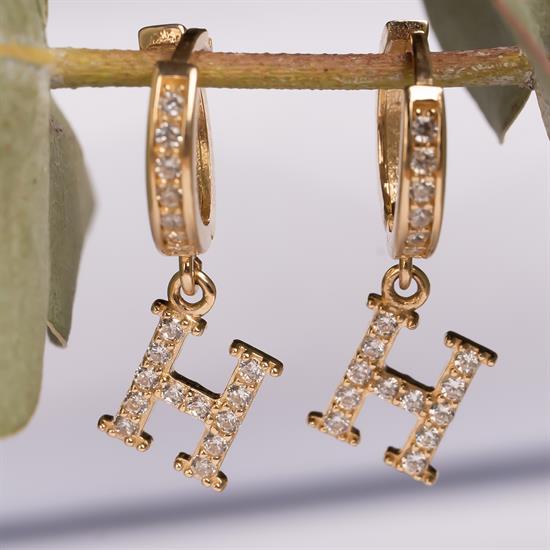 Sallantılı Taşlı H Harfi 14 Ayar Altın Küpe