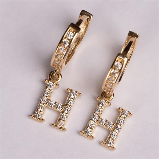 Sallantılı Taşlı H Harfi 14 Ayar Altın Küpe