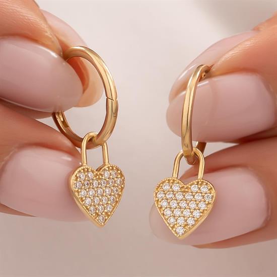 Sallantılı Taşlı Kalp Küpe 14 Ayar Altın