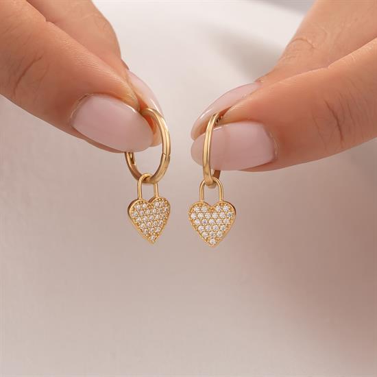 Sallantılı Taşlı Kalp Küpe 14 Ayar Altın