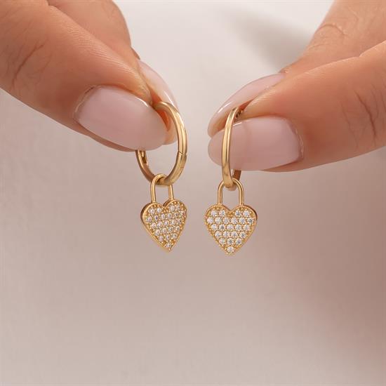 Sallantılı Taşlı Kalp Küpe 14 Ayar Altın