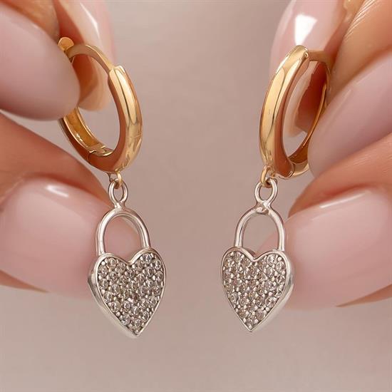 Sallantılı Taşlı Kalp Küpe 14 Ayar Altın