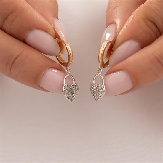 Sallantılı Taşlı Kalp Küpe 14 Ayar Altın