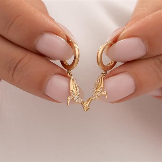 Sallantılı Taşlı Kuş Küpe 14 Ayar Altın