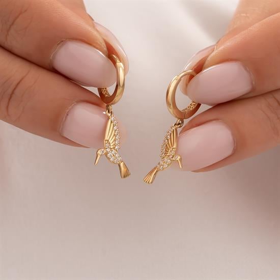 Sallantılı Taşlı Kuş Küpe 14 Ayar Altın