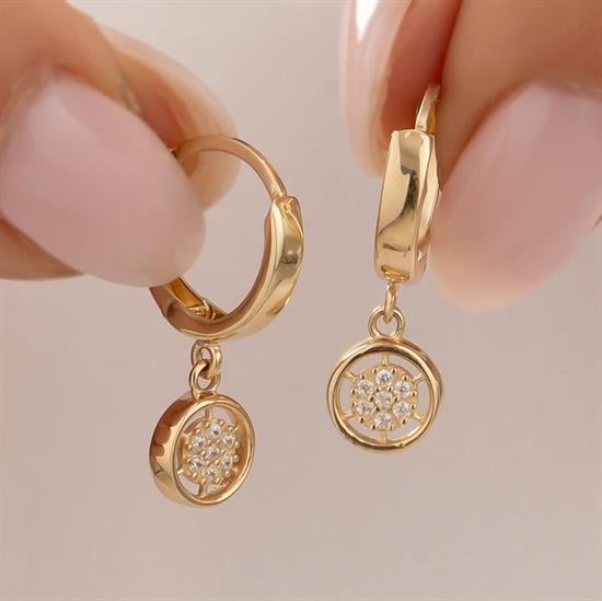 Sallantılı Taşlı Küpe 14 Ayar Altın