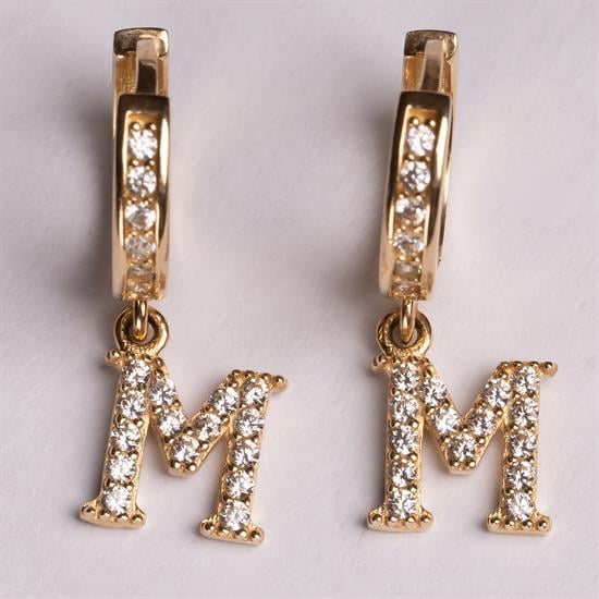 Sallantılı Taşlı M Harfi 14 Ayar Altın Küpe