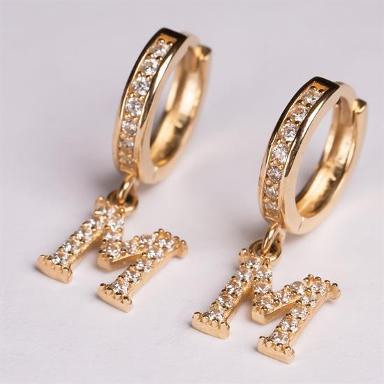 Sallantılı Taşlı M Harfi 14 Ayar Altın Küpe