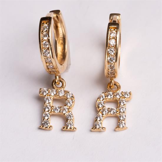 Sallantılı Taşlı R Harfi 14 Ayar Altın Küpe