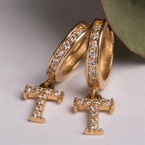 Sallantılı Taşlı T Harfi 14 Ayar Altın Küpe