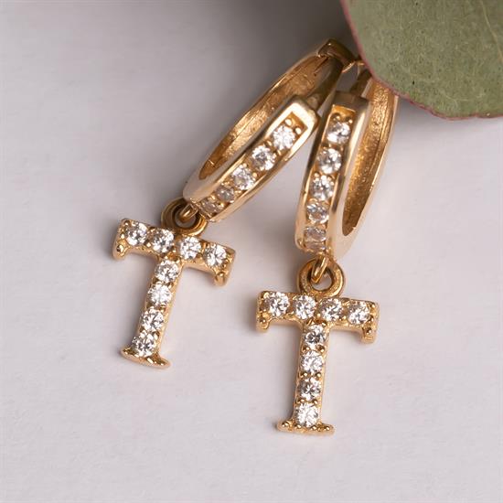 Sallantılı Taşlı T Harfi 14 Ayar Altın Küpe