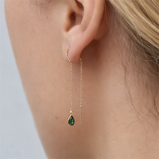 Sallantılı Yeşil Taşlı Küpe 14 Ayar Altın