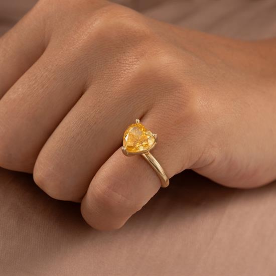 Sarı Taş Kalpli 14 Ayar Altın Yüzük