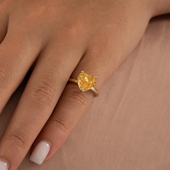 Sarı Taş Kalpli 14 Ayar Altın Yüzük