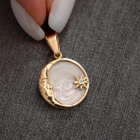 Sedef Mineli Ay ve Güneş 14 Ayar Kolye Ucu