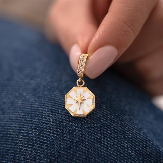 Sekizgen Beyaz Mineli Kuzey Yıldızı 14 Ayar Kolye Ucu