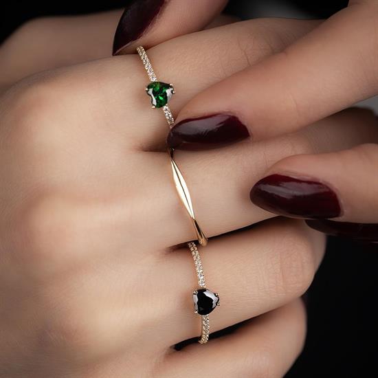 Sırataşlı Yeşil Kalp 14 Ayar Altın Yüzük