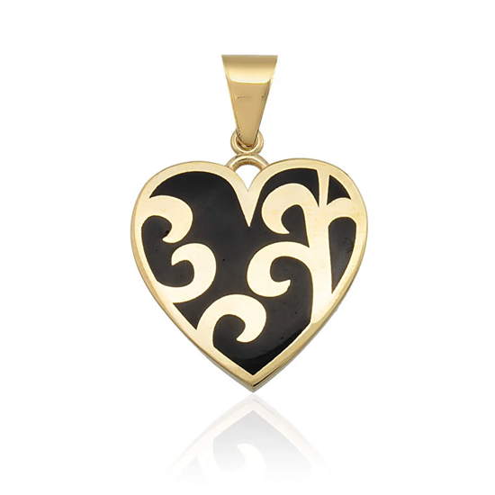 Siyah Kalp Detaylı Kolye Ucu 14 Ayar Altın