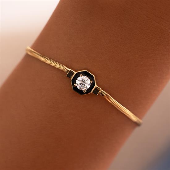 Siyah Mineli 14 Ayar Altın Balıksırtı Bileklik