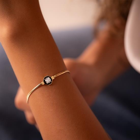 Siyah Mineli 14 Ayar Altın Balıksırtı Bileklik