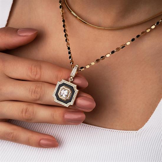 Siyah Mineli Tek Taşlı Klipsli 14 Ayar Kolye Ucu 3 Cm