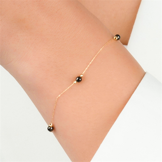 Siyah Taşlı 14 Ayar Altın Minimal Bileklik